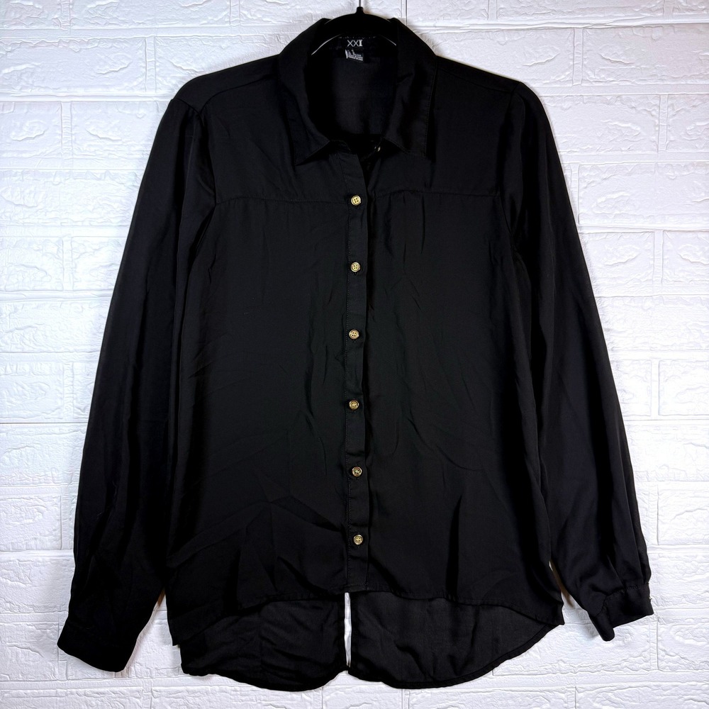Forever 21 Button Down Shirt Womens M Black Gold Buttons High Low Hem Blouse